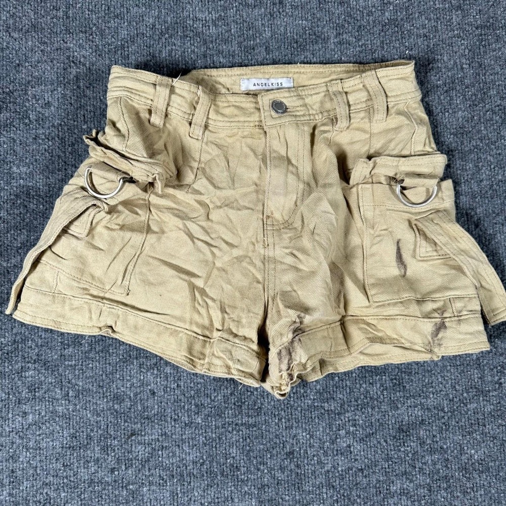 Angelkiss Shorts Womens Size 0/24 Tan Cargo Utility D-Ring Cotton Casual Stained